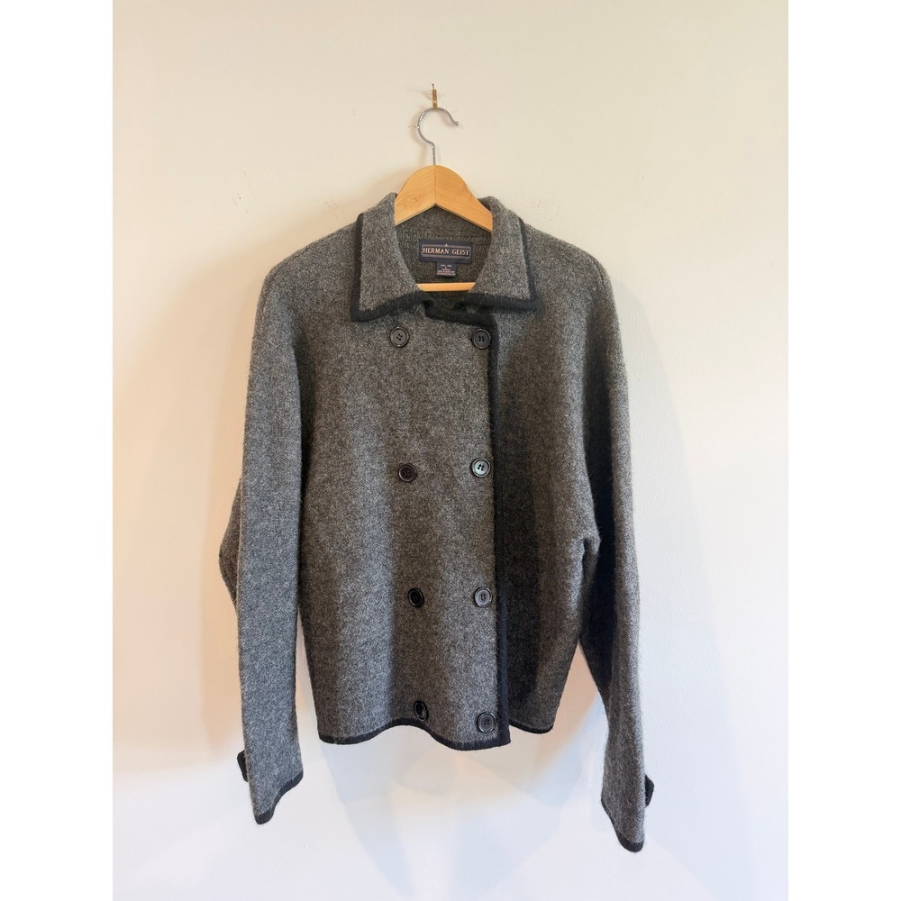 Herman Geist Vintage 100% Wool Double Breasted Cardigan Sweater Gray Large